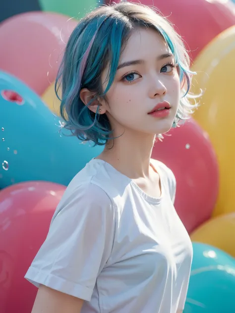 （masterpiece、best quality、high resolution），（Colorful background，（splash of conk splatter，splash of color）），Sweet girl，light blueshort hair，short hair，[light blue|pink]hair，curls，blue eyes，flash，pink lips，（Splash color，（white shirt），front，Whole BodyEsbian:0...