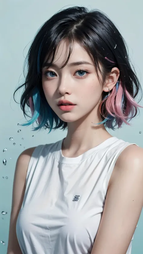 （masterpiece、best quality、high resolution），（Colorful background，（splash of conk splatter，splash of color）），Sweet girl，light blueshort hair，short hair，[light blue|pink]hair，curls，blue eyes，flash，pink lips，（Splash color，（white shirt），front，Whole BodyEsbian:0...