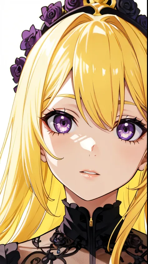 a girl, yellow hair, (big eyes, purple eyes), luxurious face, beautiful, rich, wearing a noble yellow dress