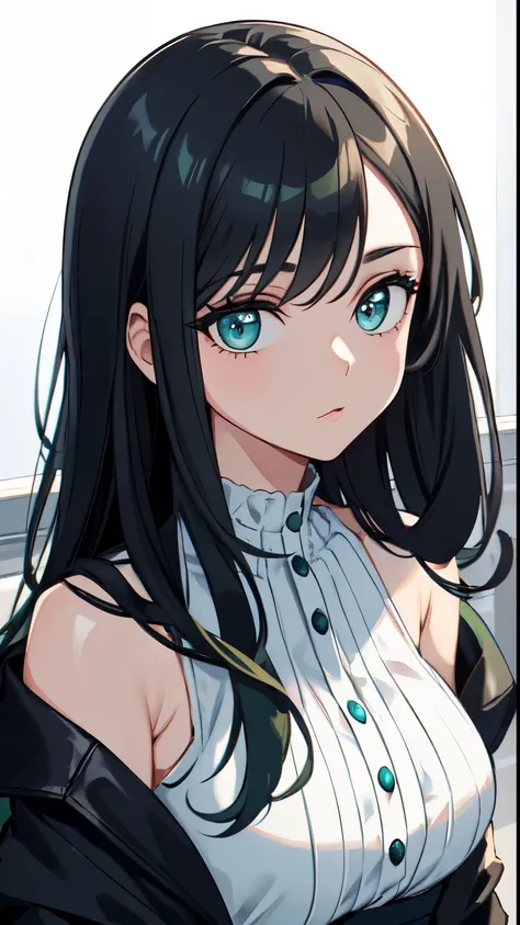 a girl, smoky black hair; (big eyes, blue and green eyes); luxurious face, beautiful, rich, wearing a white dress, noble