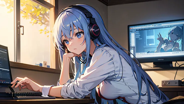 Anime girl engrossed in her studies in a serene room, wearing headphones and lost in the rhythm of her music One enchanting anime girl, immersed in thought in her cozy study, dons headphones to drown out distractions and immerse herself in soothing tunes. ...