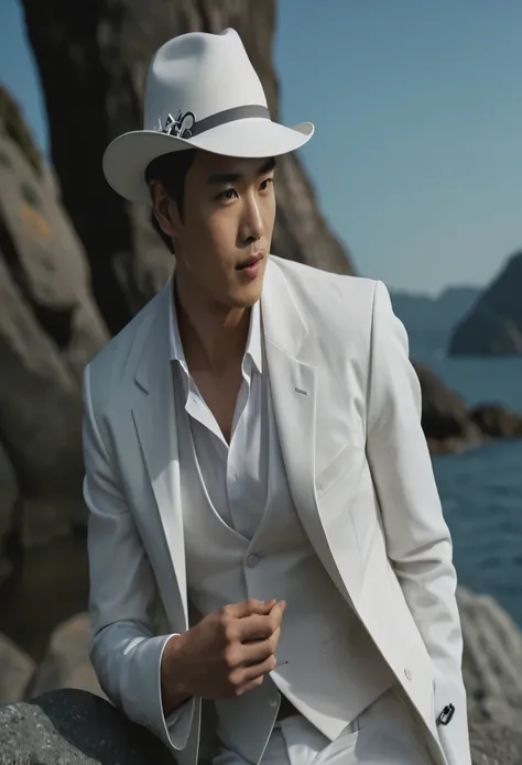 arafed man in a white suit and hat sitting on a rock, white suit and hat, wearing white suit, siwoo kim, a suited man in a hat, white suit, in white clothes, handsome man, wearing futuristic white suit, promotional still, editorial photograph, in a flowing...