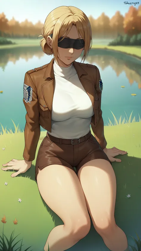 score_9,score_8_up,score_7_up, shexyo, shexyo style, attack on titan, annie leonhart, front view, thighs, thigh focus, leather shorts, white shirt, brown shorts, brown jacket, open jacket, outdoors, lake, grass, sitting on ground, sitting, nature, autumn, ...