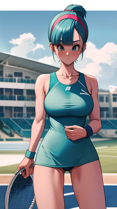 masterpiece, (sexy tennis player outfit), best quality, (blue hair), highres, dragon ball, blmmid, aqua hair, medium hair, blunt bangs, red hair band, huge breasts, at the beach,(tennis court)