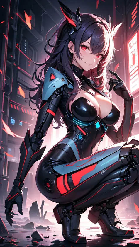 最high quality、best image quality、masterpiece、android girl((18-year-old、 By becoming、vest bust、medium bust,wide open breast tea、red glowing eyes, water hair、messy hair、long hair、thin,highest valley、white robot body、shining blue body、Close ~ eyes、All connect...