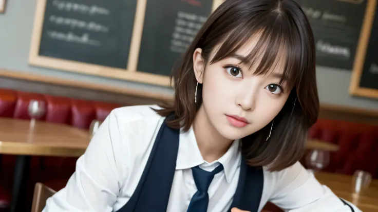 8K, highest quality, real image, intricate details, Super detailed, ultra high resolution, depth field,(realistic,realistic:1.2),table top , front shot , Photographed at a stylish cafe , girl, とても美しい17歳のgirl, innocent big eyes,、beautiful breasts:1.5、highly...