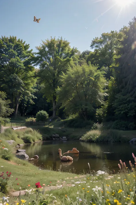 Blooming flowers, fresh green, flying butterflies, drizzle moisturizing things, green grass, gentle sunshine, gentle creek, happy animals bursting with vitality, warm breeze