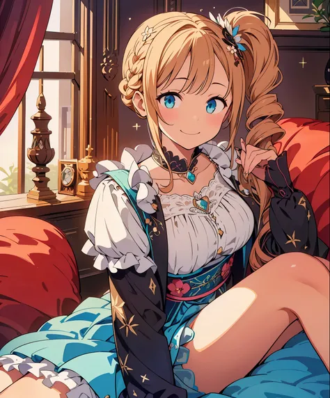 (masterpiece、highest quality、highest quality、official art、beautiful beautiful:1.2)、(1 girl:1.3)Hatsune Miku、twin tails,big breast dramatic composition, court style dress up, royal, nice, カスケードfrills, frills, bow, crystal chandelier, roman style curly hairs...