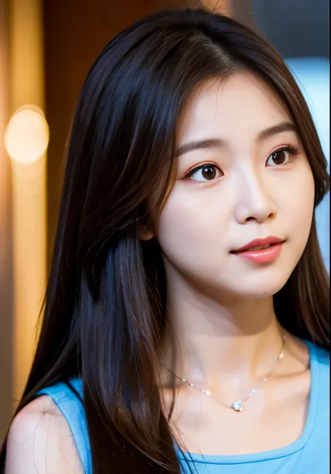 a close up of a woman with long hair wearing a blue top, beautiful south korean woman, korean girl, beautiful young korean woman, gorgeous young korean woman, korean woman, tzuyu from twice, beautiful asian girl, young adorable korean face, young cute wan ...