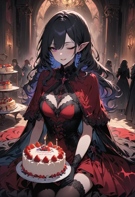 masterpiece, best quality,, GBF, black gloves, black stockings, cape, draft, gray hair, horn, Medium chest, long hair, pointed ears, mini skirt, Red dress,, indoor, cake, happy, eyes closed