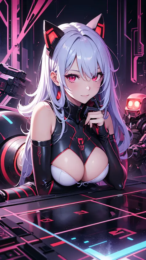 最high quality、best image quality、masterpiece、android girl((18-year-old、 By becoming、vest bust、medium bust,wide open breast tea、red glowing eyes, water hair、messy hair、long hair、thin,highest valley、white robot body、shining blue body、Close ~ eyes、All connect...