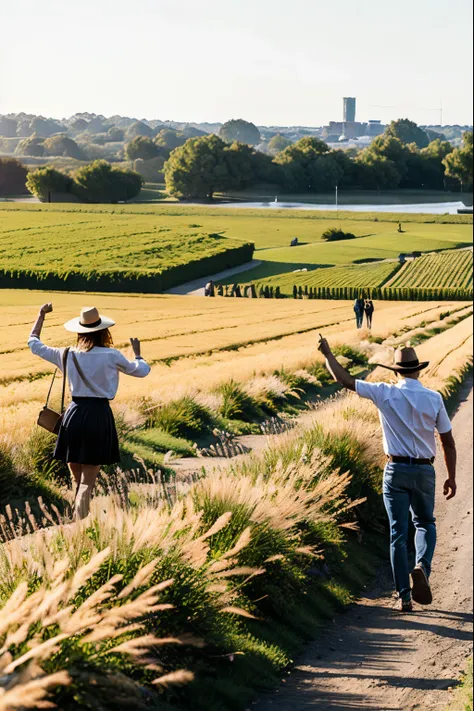 people celebrating a success, professional outfits, wheat field