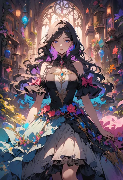 1 girl, long_hair, bright_hair_Pretty_Eye, mystery_Express, Mature_appearance, charming_full outfit, flowing_skirt, elegant_jewelry, complex_decoration, magic_symbol, luminescent_Accessories, Potion, reel, Lovely_accent, bow, ribbon, flowers,