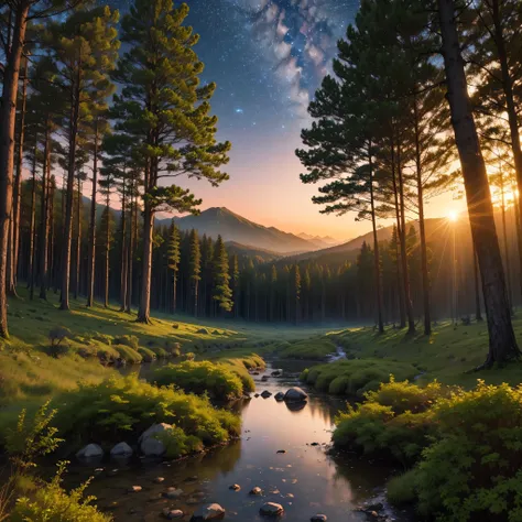 forest、sunrise、Stars in the sky，（No mountains：1.2）,sunrise sun，Dense forest