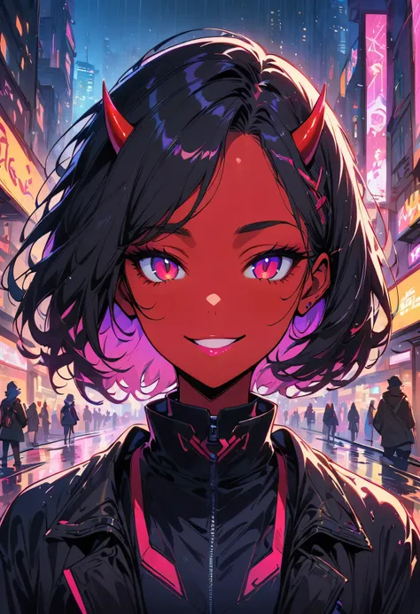 (masterpiece, fair, high resolution), illustration, 1 girl, alone, (((cartoon style: 1))), (western cartoon), horned devil, portrait, Smile, Black anime medium and short hair, Lovely, pink lips, red eyess, Young woman, Cyberpunk streetwear, Rainy days, cit...