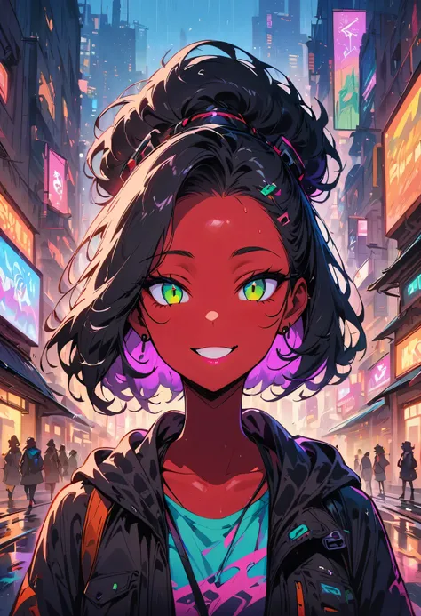 (masterpiece, fair, high resolution), illustration, 1 girl, alone, (((cartoon style: 1))), (western cartoon), horned devil, portrait, Smile, Black anime medium and short hair, Lovely, pink lips, red eyess, Young woman, Cyberpunk streetwear, Rainy days, cit...