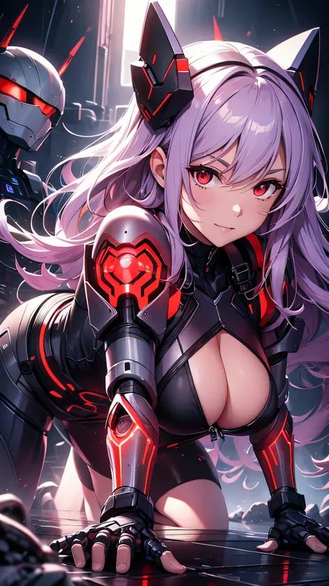 最high quality、best image quality、masterpiece、android girl((18-year-old、 By becoming、vest bust、medium bust,wide open breast tea、red glowing eyes, water hair、messy hair、long hair、thin,highest valley、white robot body、shining blue body、Close ~ eyes、All connect...