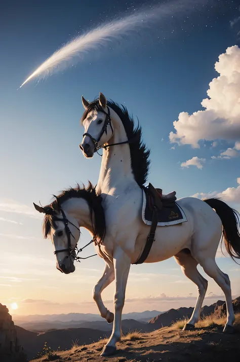 Heavenly landscape featuring a majestic white Pegasus horse soaring through the sky, ethereal, mythical, celestial lighting, highly detailed digital painting, cinematic, fantasy, inspirational, dream-like, by Aaron Blaise and Justin Gerard, 4k resolution