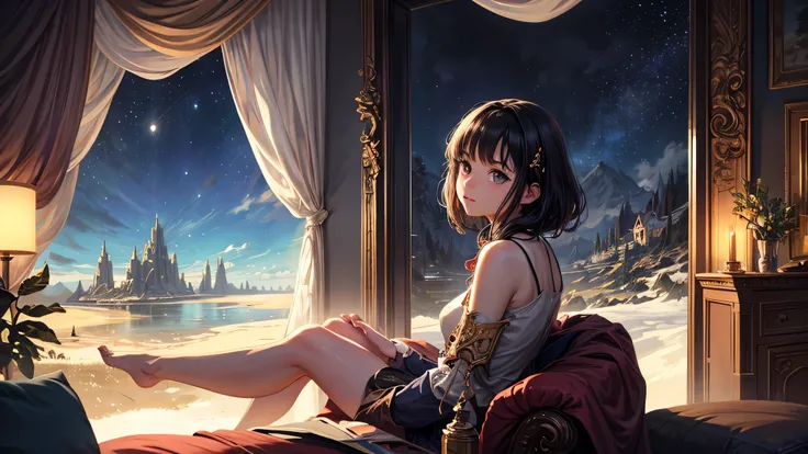 Singular light, alone, woman, cosmic, fantsy, looking away:1.4, adult, busty, Ghibli-like design, living room, sitting, dark hair, studying, face seen from the side, Completely sideways,landscape orientation, side view, bar