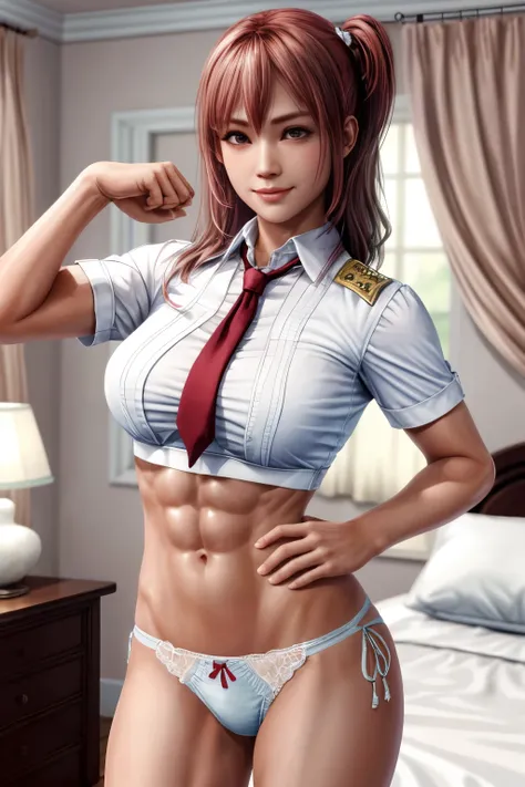 Honoka, bedroom,  uniform , abs, feminine toned, seductive face, sexy, fighter pose, biceps, cotton panties, add_detail:1, (toned sexy body)