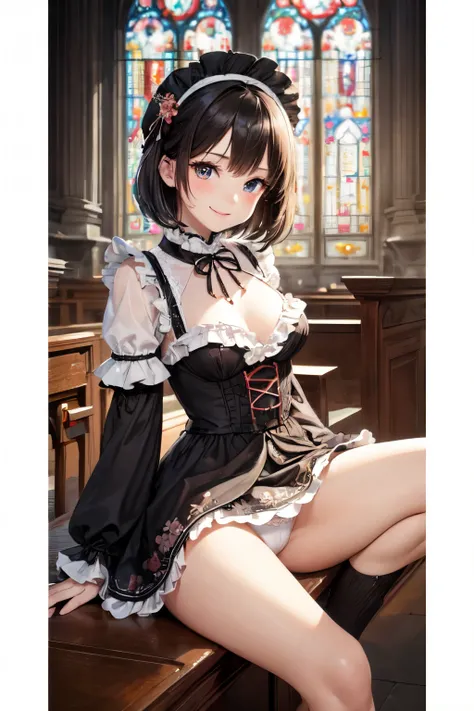 very cute and beautiful girl,(highly detailed beautiful face and eyes),
(smile),blush,black hair,looking at viewer,(floral pattern brown lolita dress with detailed frills),detailed lace,
sitting,(spread legs),arms behind back,(white panties),
altar,church,...