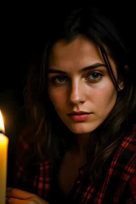 ukrainian women pictures, (troubled expression), rough skin, I get goosebumps, dark brown hair, Plaid flannel shirt and distressed boyfriend jeans, cowboy shot, A dark and mysterious cave with unique rock formations and hidden wonders, perfect eyes, (candl...