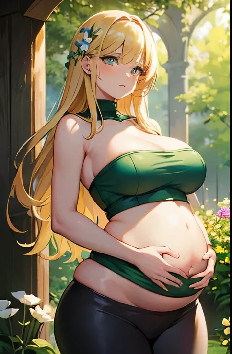 (best quality,a high resolution),pregnant swedish woman,belly,Bare belly,Beautiful detailed eyes,golden hair,perfect makeup,fit,Wear a strapless top,leggings,huge breasts，Thin，Putting his hands on her exposed belly,17 years old,Intense pregnancy glow,Stunn...