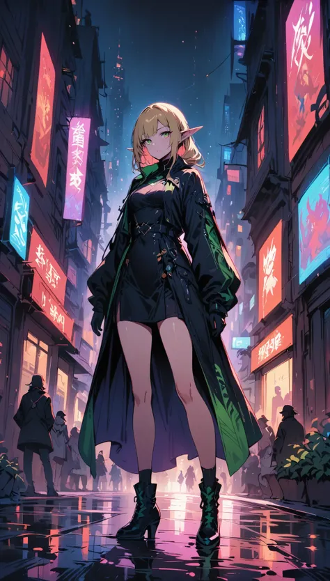 masterpiece, best quality, 1 female, alone, medium blonde, Vibrant green eyes, looking at the audience, cape, High quality metal texture, coat, Keep your mouth shut, Bangs, Boss, fantasy aesthetics, standing on the street, Very detailed, shadow poetry styl...