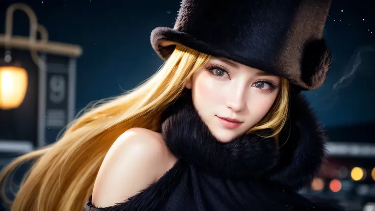 material, long hair, blonde hair,fur trim, black hat, fur has, dress,(cowboy shot:1.1), yellow eyes, (luggage:1.1), vapor (stati...