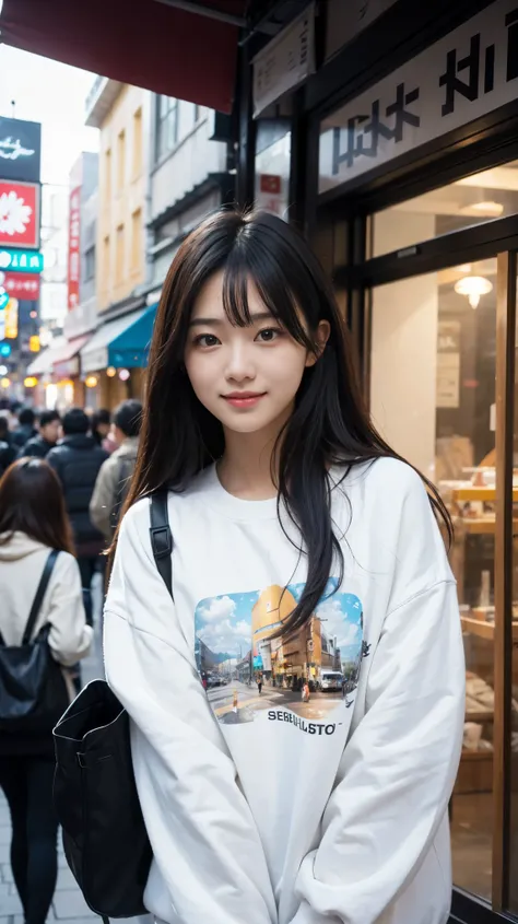 (Ultra high definition）（masterpiece）（textured skin）（very detailed）（high quality）（最high quality）（first person perspective） (16k )(dramatic angle),upper body,smile,Ameyoko shopping street,Cute woman in an oversized white sweatshirt,