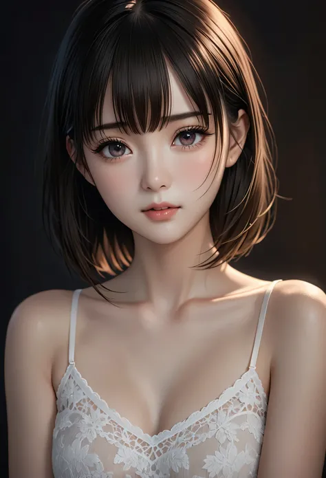 masterpiece, best quality, (Dark photos:1.3), lifelike, 1 girl wearing lace camisole, Flat bangs, Stunningly innocent symmetrical face, emotional, Urzan, (Pure love face_v1:0.7)