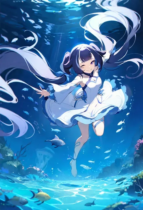 (((shylily))),(muste piece), (best quality), very detailed, 1 girl, perfect face, (solo full body shot:1.3), very detailed顔，(twin tails:1.5)，(in water，swim:1.4)，(white dress:1.5)，School of small fish，Light，bubble，jellyfish，seaweed，deep sea，fantasy，seabed，(...