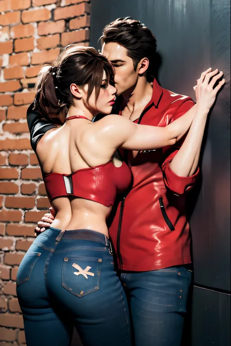 (masterpiece, best quality), 1girl and 1 man, claireredfield2, wear jeans, kiss the man , girl back, the man is pressing girl against the wall