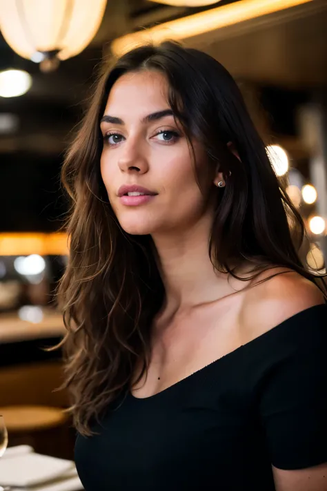 Beautiful brunette, long brown hair, wavy hair, wearing a low-cut black basket, front view (standing inside a modern restaurant at night), highly detailed, 20 years old, natural wavy hair, blue eyes, high resolution, masterpiece, excellent quality, complex...