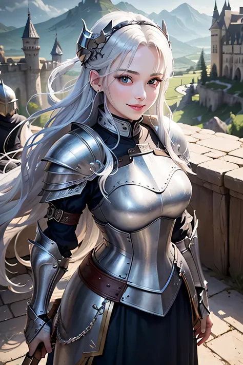 ８Ｋ、highest quality、female knight、The background is a castle、Luxurious Silver Armor、heavy equipment、hairstyle semi long、smile、beautiful teeth、full body photo、ear piercing、white woman、blonde、blue eyes、Gummy Smile、medieval helmet

