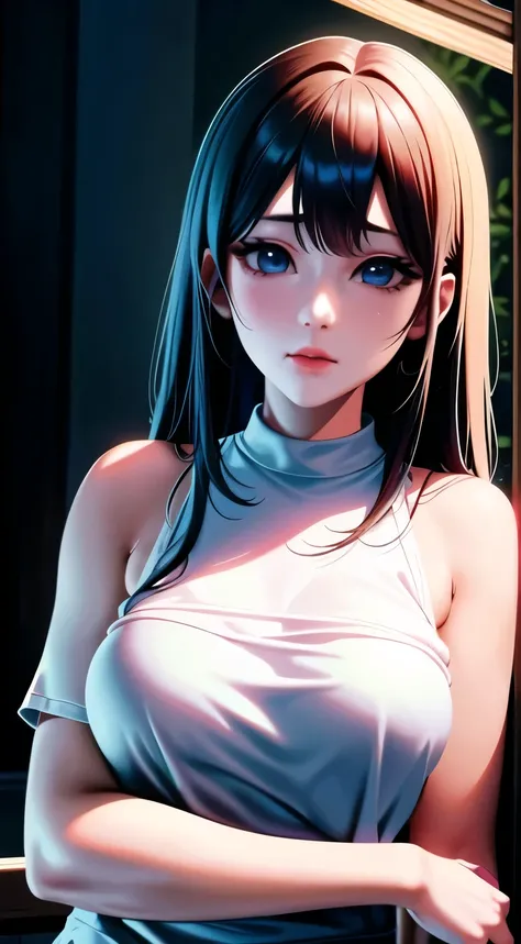 Hinata hyuga (photorealistic:1.4), (masterpiece, side dim light, finely detailed beautiful eyes: 1.2), masterpiece*portrait, realistic, 3d face, Stelle (honkai star rail), 1girl, white oversize T-shirt, bare shoulder, universe, rail, bangs, blush, shy, lus...