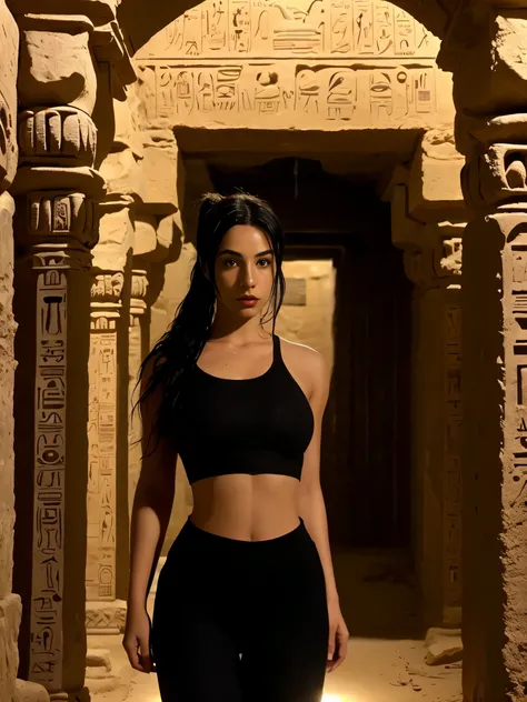 full body Wide shot, beautiful young explorer, long black hair in a ponytail, bangs,  wearing a Tomb Raider outfit, in an ancient Egyptian tomb, ((rosa Augen)), hyperdetaillierte Augen, tan, (Karamell dunkle Haut:1.1), best quality, ultradetailliert,