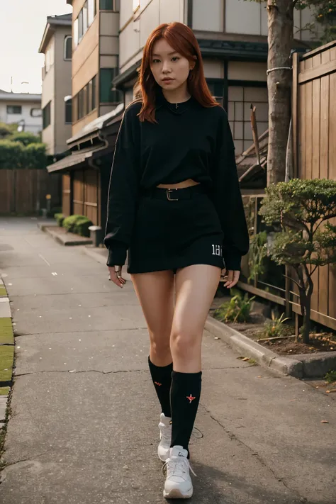 Sexy redhead nude japanese girl in a Girls world only walking exploration wearing only long sleeves with no front, black sneakers, high black over-the-knee socks and a dog collar