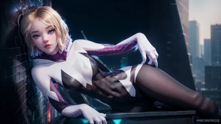 ghost spider, gwen  in a black outfit with spider in the center of his chest in white, organic looking outfit, gooey forehead, symbiote, white eyes, fine art, ps5 cinematic screenshot,highly detailed detailed cinematic rendering, ultra photorealistic raytr...