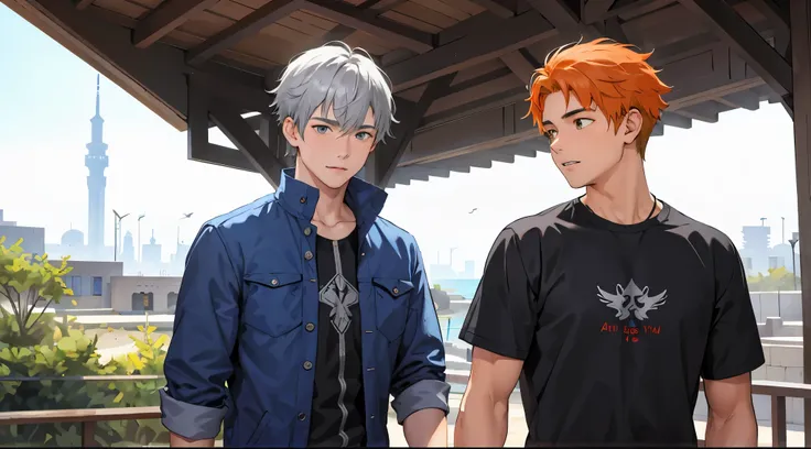 In the background there is a beautiful Arab city with a beach. There are two 16-year-old boys with gray hair and the other with orange hair.