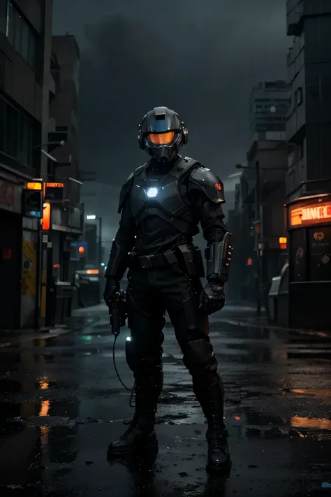 Time: Night a desolate cityscape lit by flickering neon signs and the harsh glare of searchlights cutting through the downpour.A Cyberpunk soldier: Wears a heavily armored combat suit with glowing technological elements integrated throughout. Weathered and...