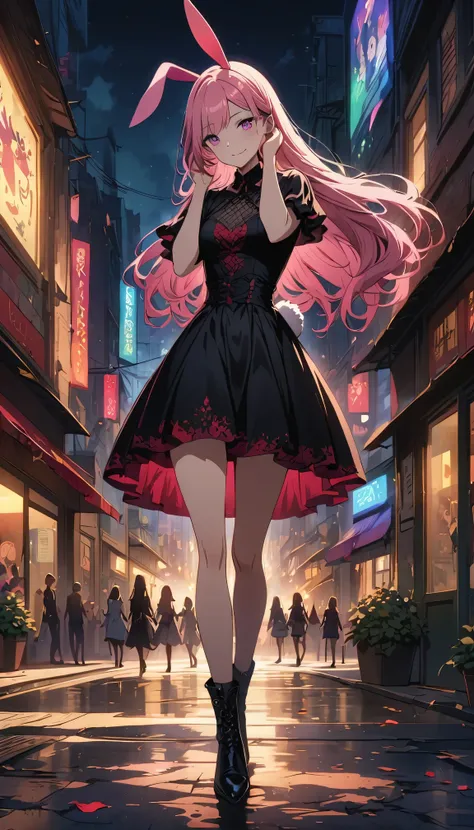 anime style, a woman with ears and a rabbit tail, With a rabbit tail, With rabbit ears, girls design, Second-rate,standing on the street, gisha, anime image, long hair, pink hair, hair covering ears, happy, Polished and powerful look, out of tune, High