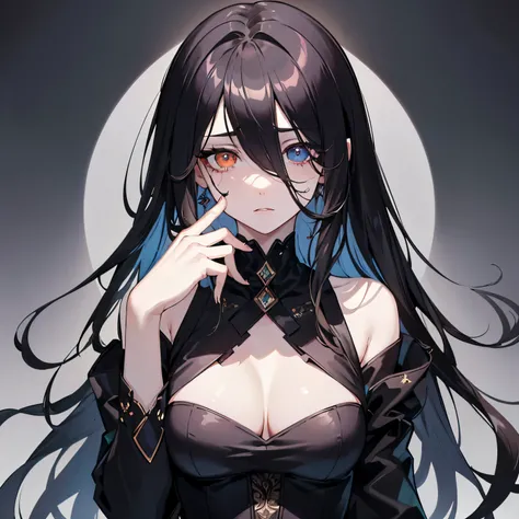 ((masterpiece, best quality)), (1girl), (solo), (female focus), ((dark hair, long hair, hair over one eye)), (hair over one eye: 1.2), sad eyes, cold facial expression, cold look, pale skin,  (dark circle under eyes), decadence, stunning, eerie, bag under ...