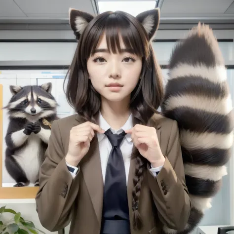 A woman with a raccoon tail, highest quality, table top, beautiful mature woman、beautiful face、strong-willed woman、(brown eyes)、long hair、smaller face、(((skirt suit)))、((office suit))、Looks like a whole body、bushy tail, photograph