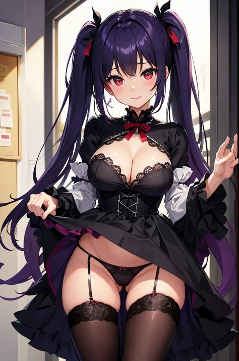 In 8K、highest quality、room with window、with a girl、Dark purple hair、twin tails、big pink ribbon、delicate face、smile、red eyes、blushing face、Black and white blouse with lots of frills、plaid red skirt、Skirt flips up、beautiful feet、striped lace tights、black pla...