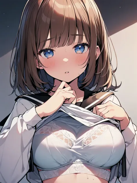 (best quality), (Super detailed), (Best Illustration), (beautiful girl), (upper body), look at viewer, (long sleeve, white serafuku), (shirt lift), (show off bra:1.2), (beautiful large breasts:1.2), (parted lips), blush, sweat, brown hair, (bob cut), curvy...