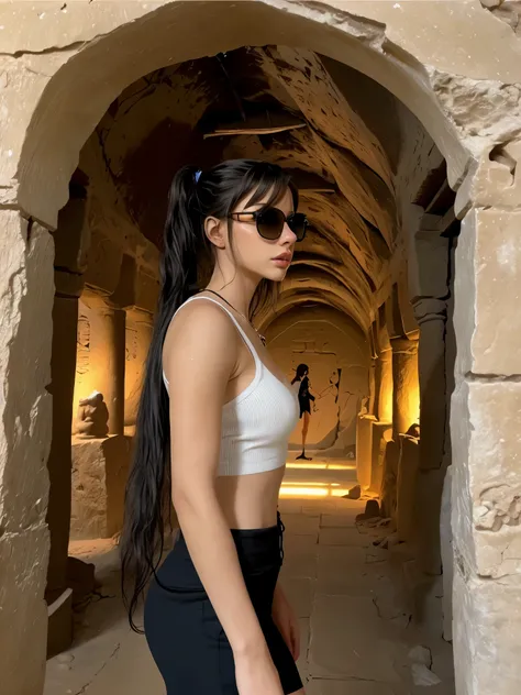 full body Wide shot, beautiful young explorer, long black hair in a ponytail, bangs, wearing sunglasses, wearing a Tomb Raider outfit, in an ancient Egyptian tomb.