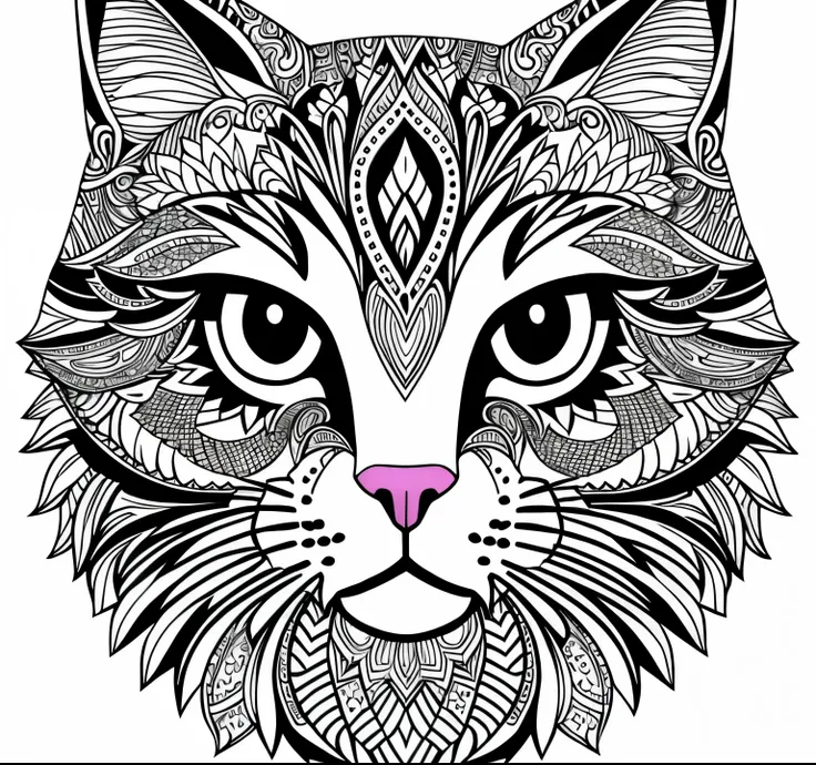 black and white drawing of a cat with a pattern on its face, detailed cat, detailed rendering in 4k, design to gato, very detail...