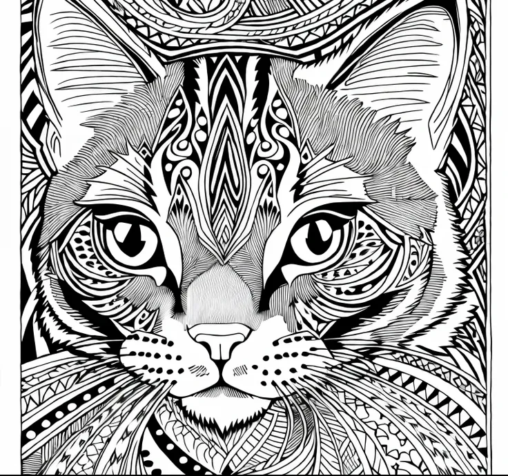 black and white drawing of a cat with a pattern on its face, detailed cat, detailed rendering in 4k, design to gato, very detail...