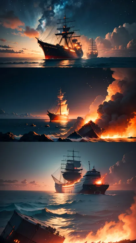 3 ships collided at sea, the ship caught fire, the ship was destroyed, night sky, 8k, high quality